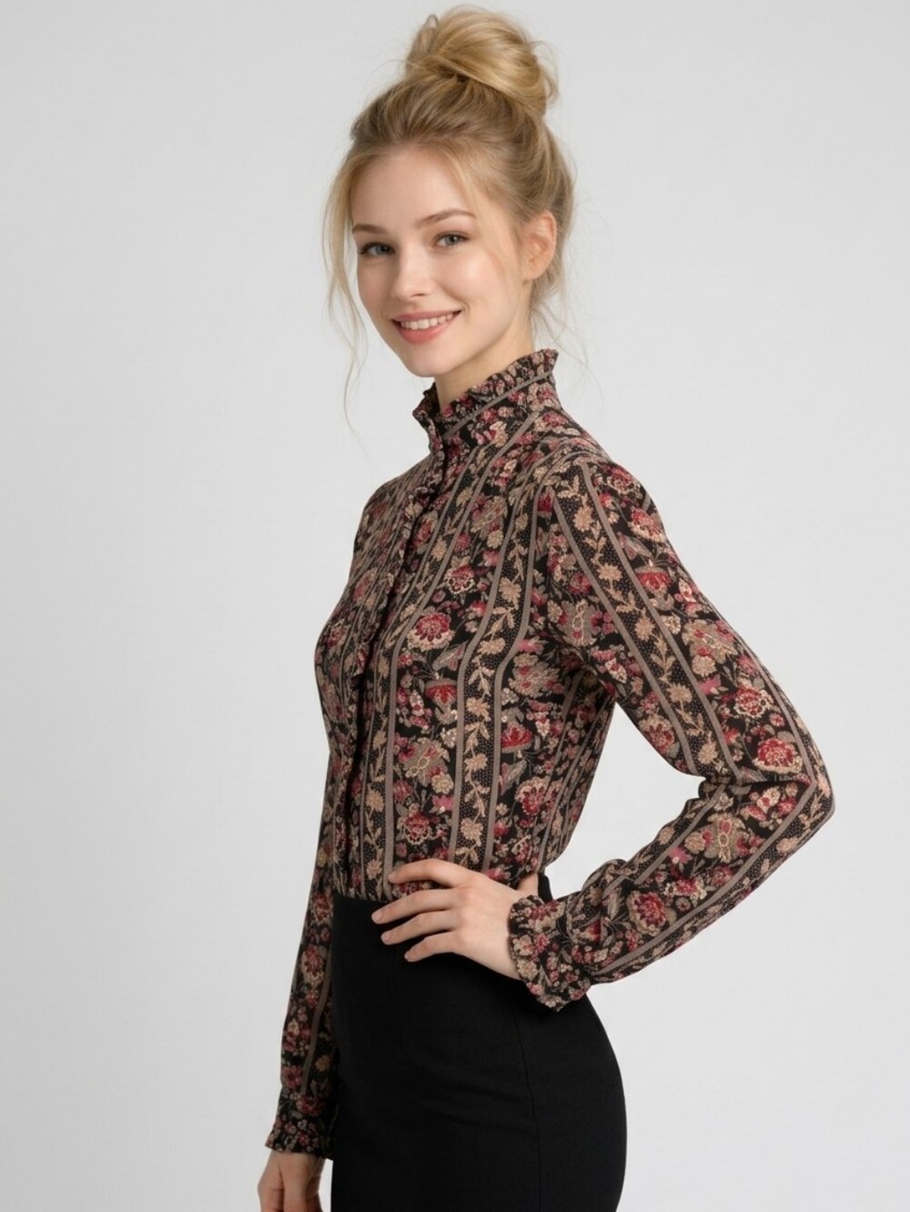 Vintage 90's Floral Sheer Button Down Blouse Feminine Romantic Tailored Small